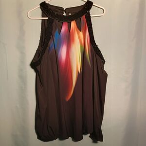 Chiffon Sequin Trim Sleeveless Blouse – Abstract Multicolor Print Top (Size 2XL)